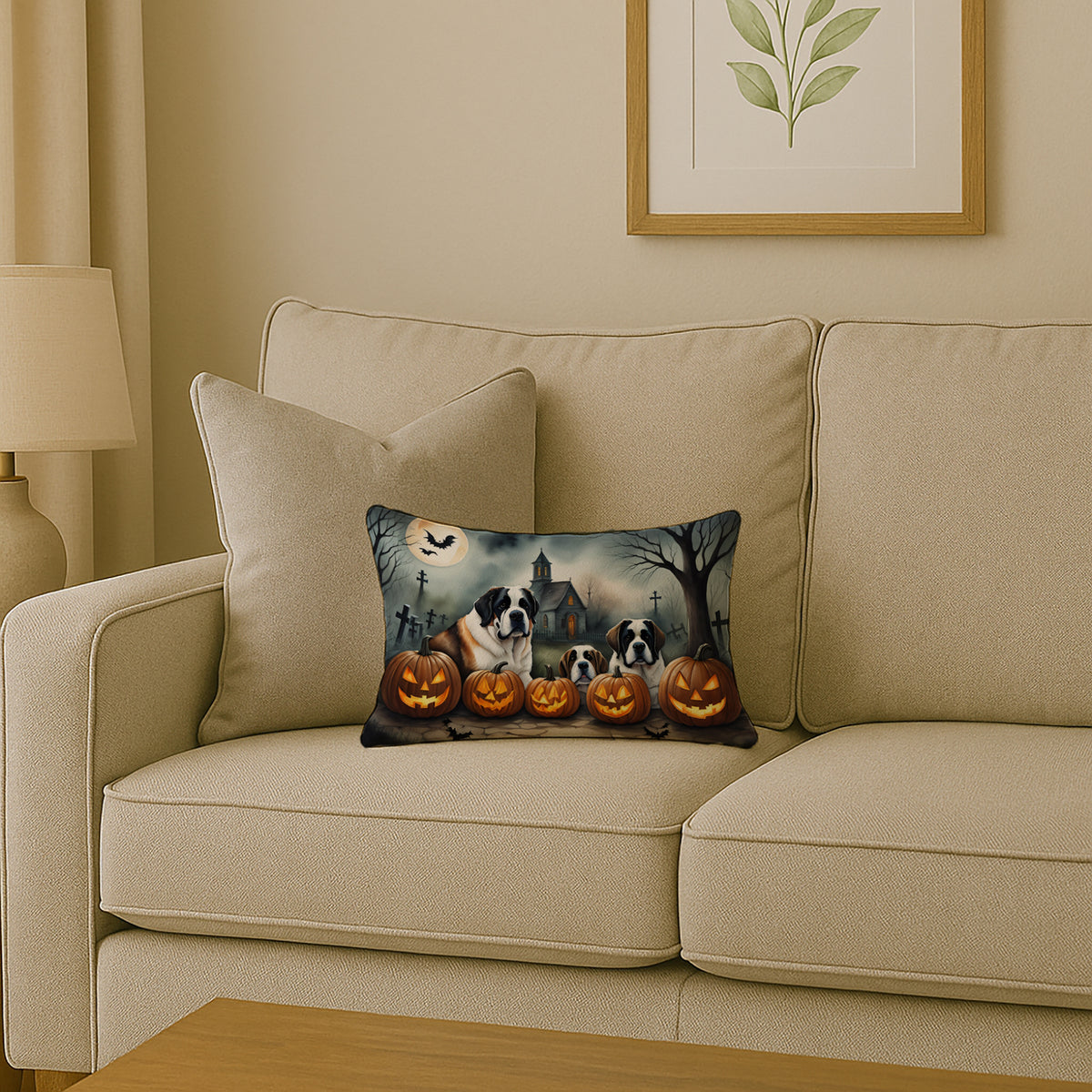 Caroline's Treasures DAC2050PW1216 Saint Bernard Spooky Halloween Fabric Decorative Pillow Machine Washable, Indoor Outdoor Decorative Pillow for Couch, Bed or Patio, 12HX16W