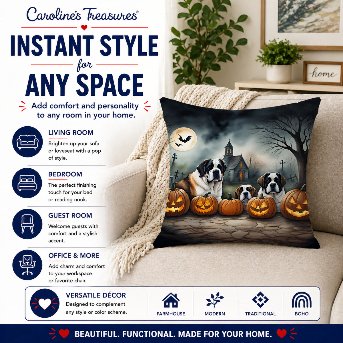 Caroline's Treasures DAC2050PW1414 Saint Bernard Spooky Halloween Fabric Decorative Pillow Machine Washable, Indoor Outdoor Decorative Pillow for Couch, Bed or Patio, 14Hx14W