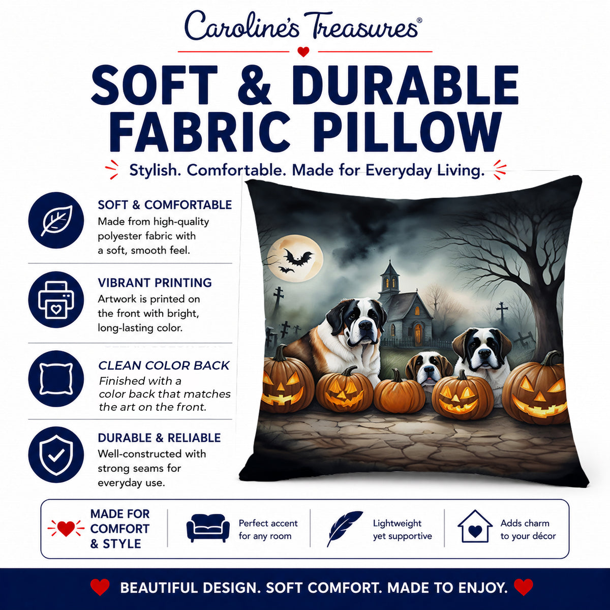 Caroline's Treasures DAC2050PW1818 Saint Bernard Spooky Halloween Fabric Decorative Pillow Machine Washable, Indoor Outdoor Decorative Pillow for Couch, Bed or Patio, 18Hx18W