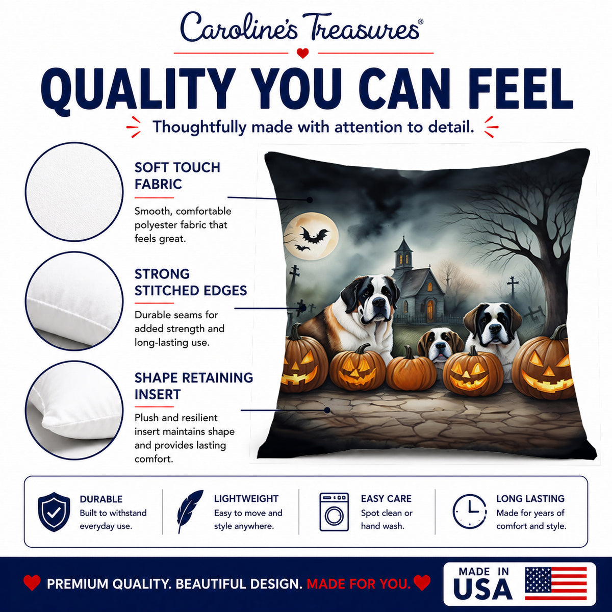 Caroline's Treasures DAC2050PW1818 Saint Bernard Spooky Halloween Fabric Decorative Pillow Machine Washable, Indoor Outdoor Decorative Pillow for Couch, Bed or Patio, 18Hx18W