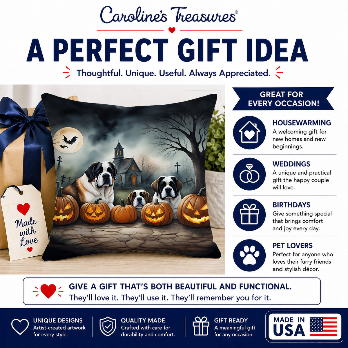Caroline's Treasures DAC2050PW1818 Saint Bernard Spooky Halloween Fabric Decorative Pillow Machine Washable, Indoor Outdoor Decorative Pillow for Couch, Bed or Patio, 18Hx18W