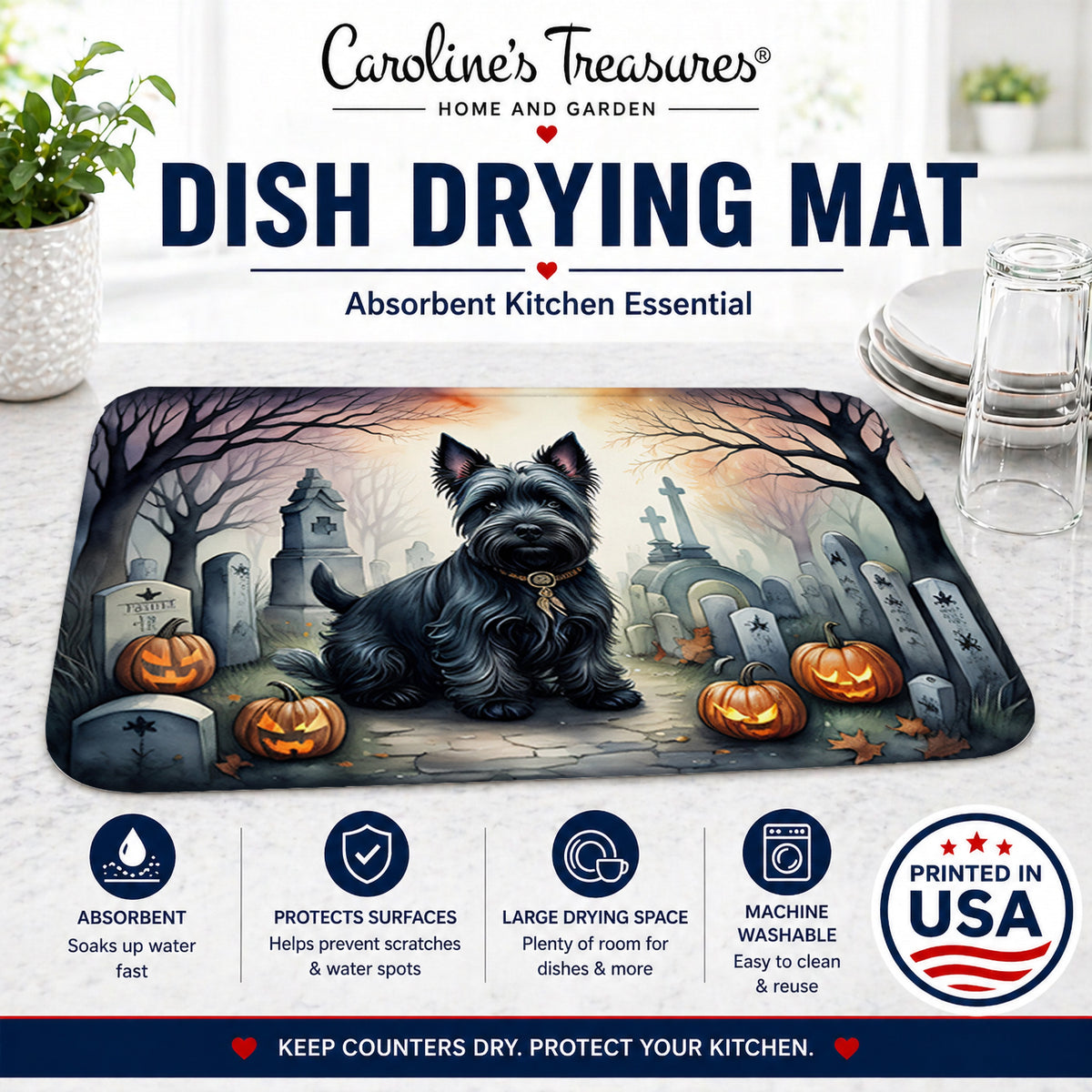 Caroline's Treasures DAC2051DDM Scottish Terrier Spooky Halloween Dish Drying Mat Absorbent Dish Drying Mat Pad for Kitchen Counter Dish Drainer Mat for Countertop, 14 x 21, Multicolor
