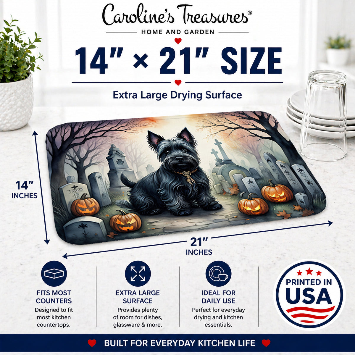 Caroline's Treasures DAC2051DDM Scottish Terrier Spooky Halloween Dish Drying Mat Absorbent Dish Drying Mat Pad for Kitchen Counter Dish Drainer Mat for Countertop, 14 x 21, Multicolor