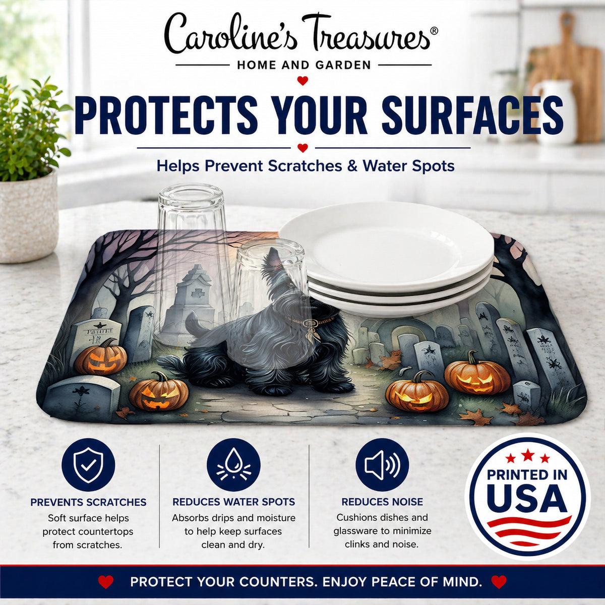 Caroline's Treasures DAC2051DDM Scottish Terrier Spooky Halloween Dish Drying Mat Absorbent Dish Drying Mat Pad for Kitchen Counter Dish Drainer Mat for Countertop, 14 x 21, Multicolor