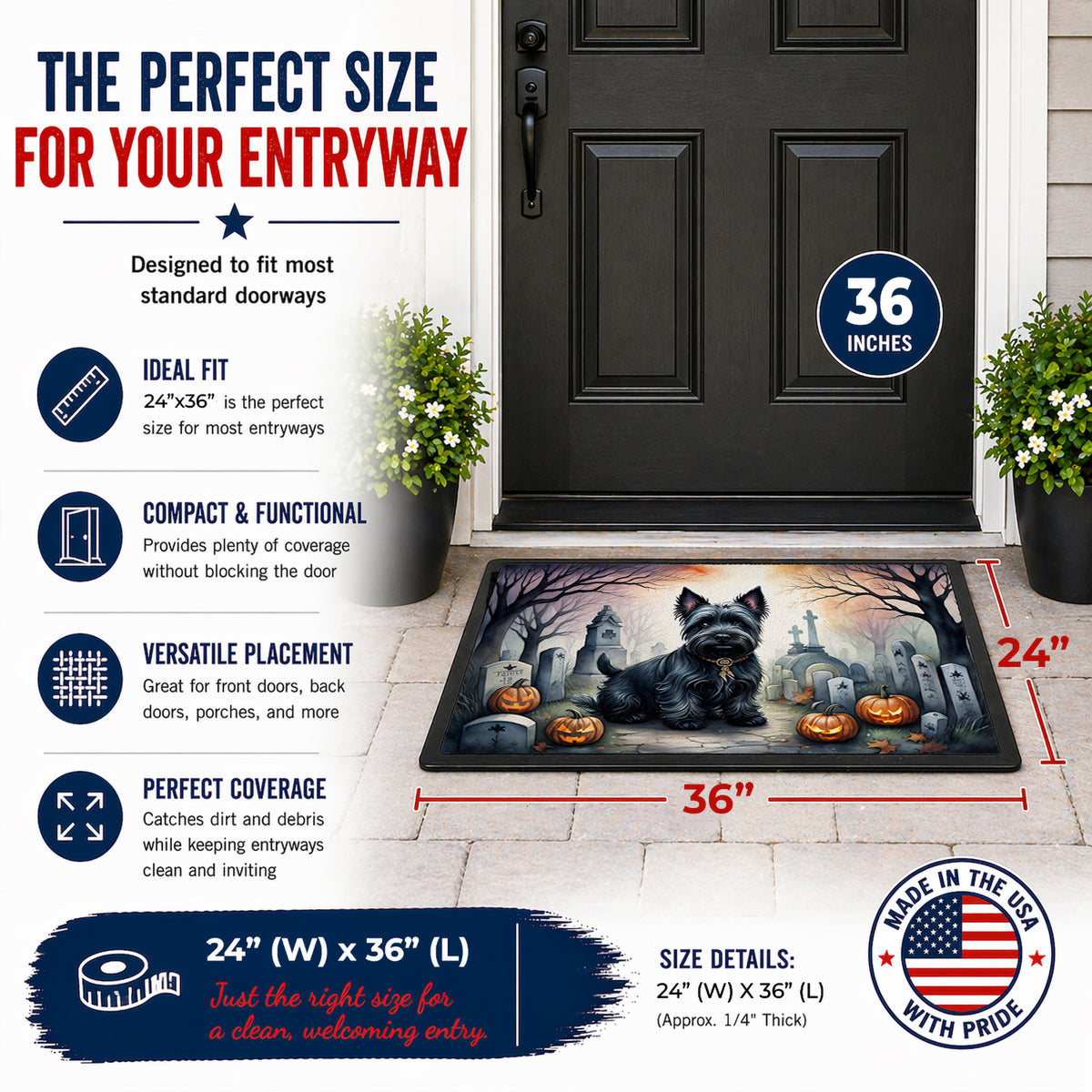 Caroline's Treasures DAC2051JMAT Scottish Terrier Spooky Halloween Indoor or Outdoor Mat 24x36 Front Door Mat Indoor Outdoor Rugs for Entryway, Non Slip Washable Low Pile, 24H X 36W