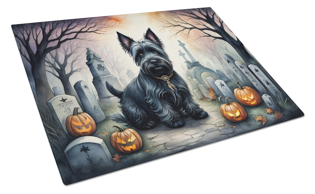 Caroline's Treasures DAC2051LCB Scottish Terrier Spooky Halloween Glass Cutting Board Large Decorative Tempered Glass Kitchen Cutting and Serving Board Large Size Chopping Board