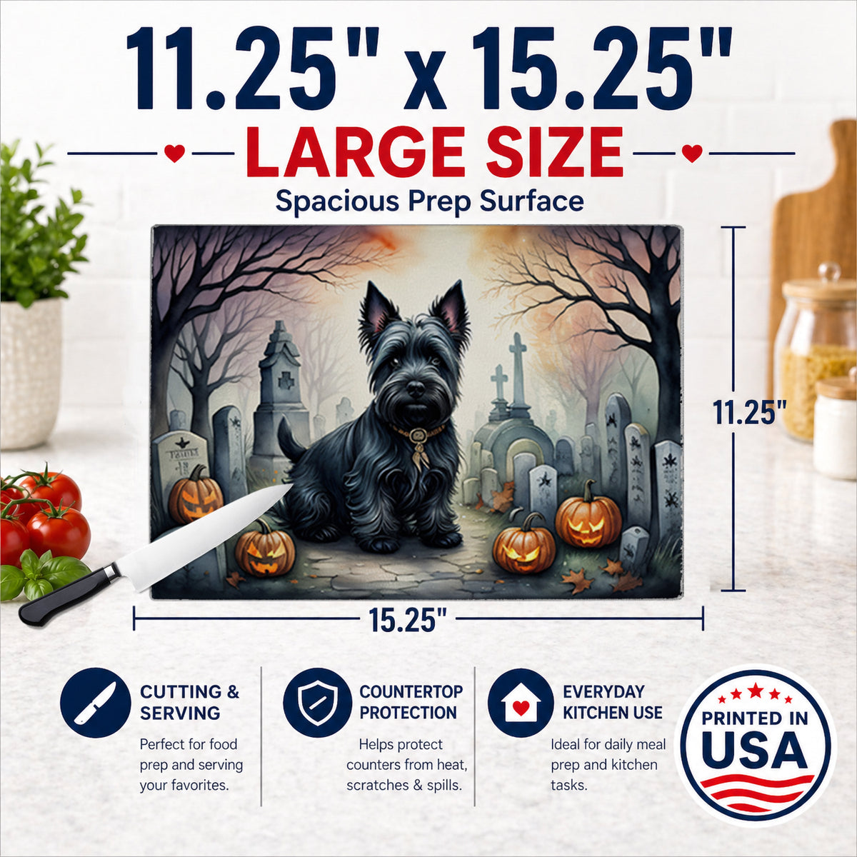 Caroline's Treasures DAC2051LCB Scottish Terrier Spooky Halloween Glass Cutting Board Large Decorative Tempered Glass Kitchen Cutting and Serving Board Large Size Chopping Board