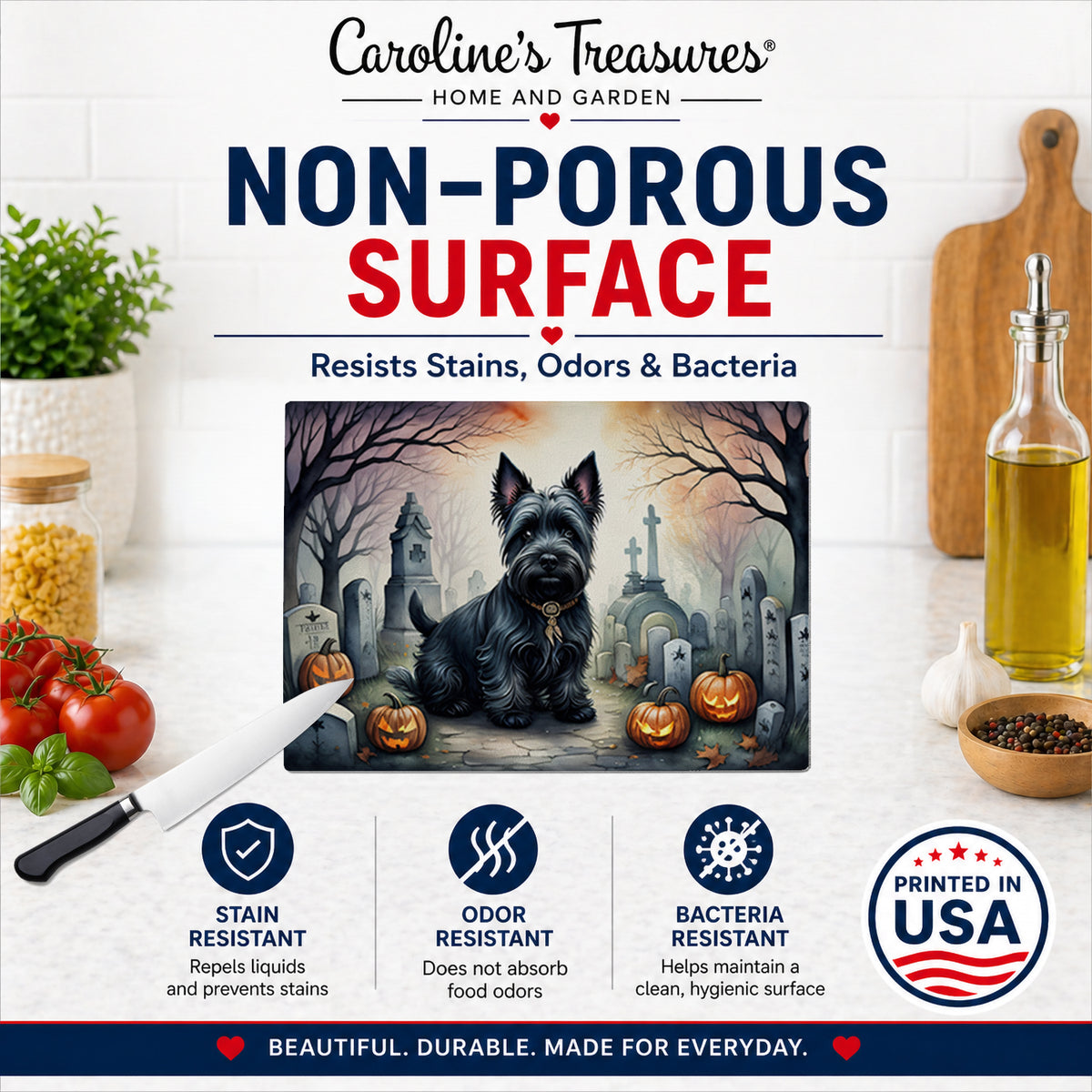 Caroline's Treasures DAC2051LCB Scottish Terrier Spooky Halloween Glass Cutting Board Large Decorative Tempered Glass Kitchen Cutting and Serving Board Large Size Chopping Board