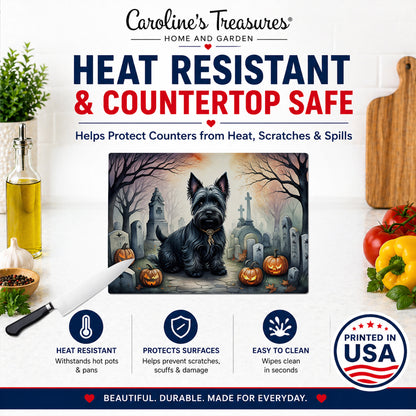 Caroline's Treasures DAC2051LCB Scottish Terrier Spooky Halloween Glass Cutting Board Large Decorative Tempered Glass Kitchen Cutting and Serving Board Large Size Chopping Board