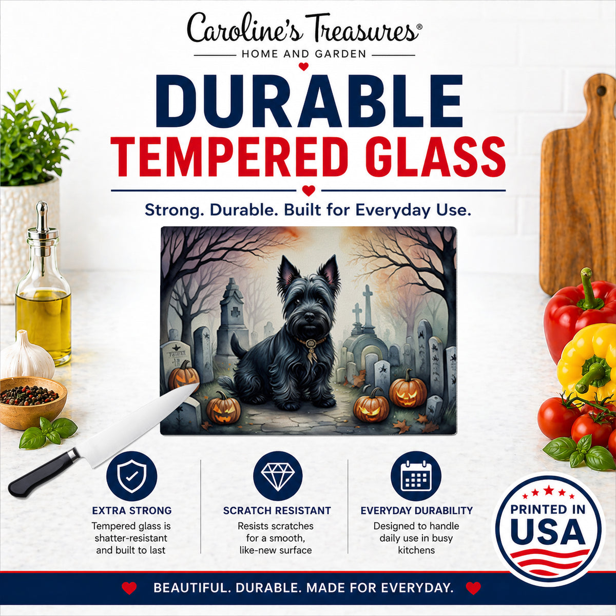 Caroline's Treasures DAC2051LCB Scottish Terrier Spooky Halloween Glass Cutting Board Large Decorative Tempered Glass Kitchen Cutting and Serving Board Large Size Chopping Board