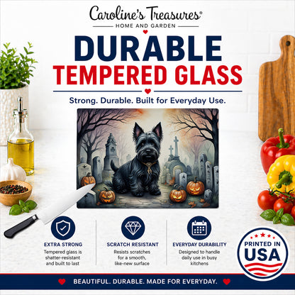Caroline's Treasures DAC2051LCB Scottish Terrier Spooky Halloween Glass Cutting Board Large Decorative Tempered Glass Kitchen Cutting and Serving Board Large Size Chopping Board