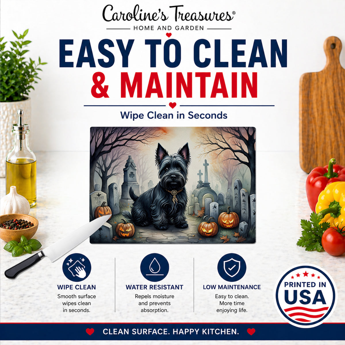 Caroline's Treasures DAC2051LCB Scottish Terrier Spooky Halloween Glass Cutting Board Large Decorative Tempered Glass Kitchen Cutting and Serving Board Large Size Chopping Board