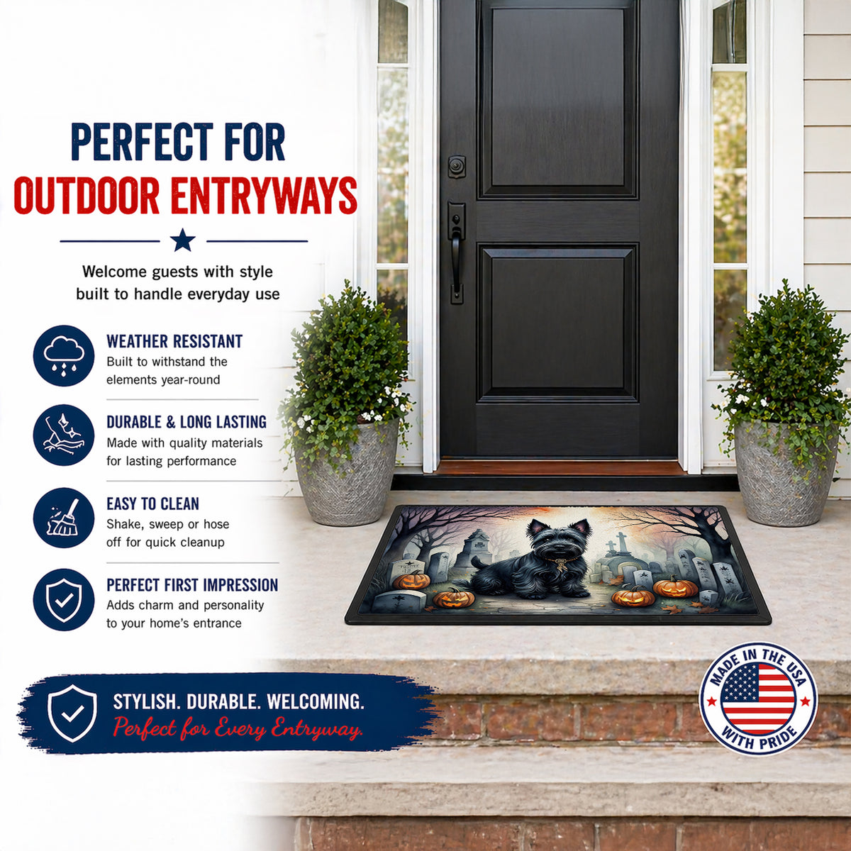 Caroline's Treasures DAC2051MAT Scottish Terrier Spooky Halloween Doormat 18x27 Front Door Mat Indoor Outdoor Rugs for Entryway, Non Slip Washable Low Pile, 18H X 27W