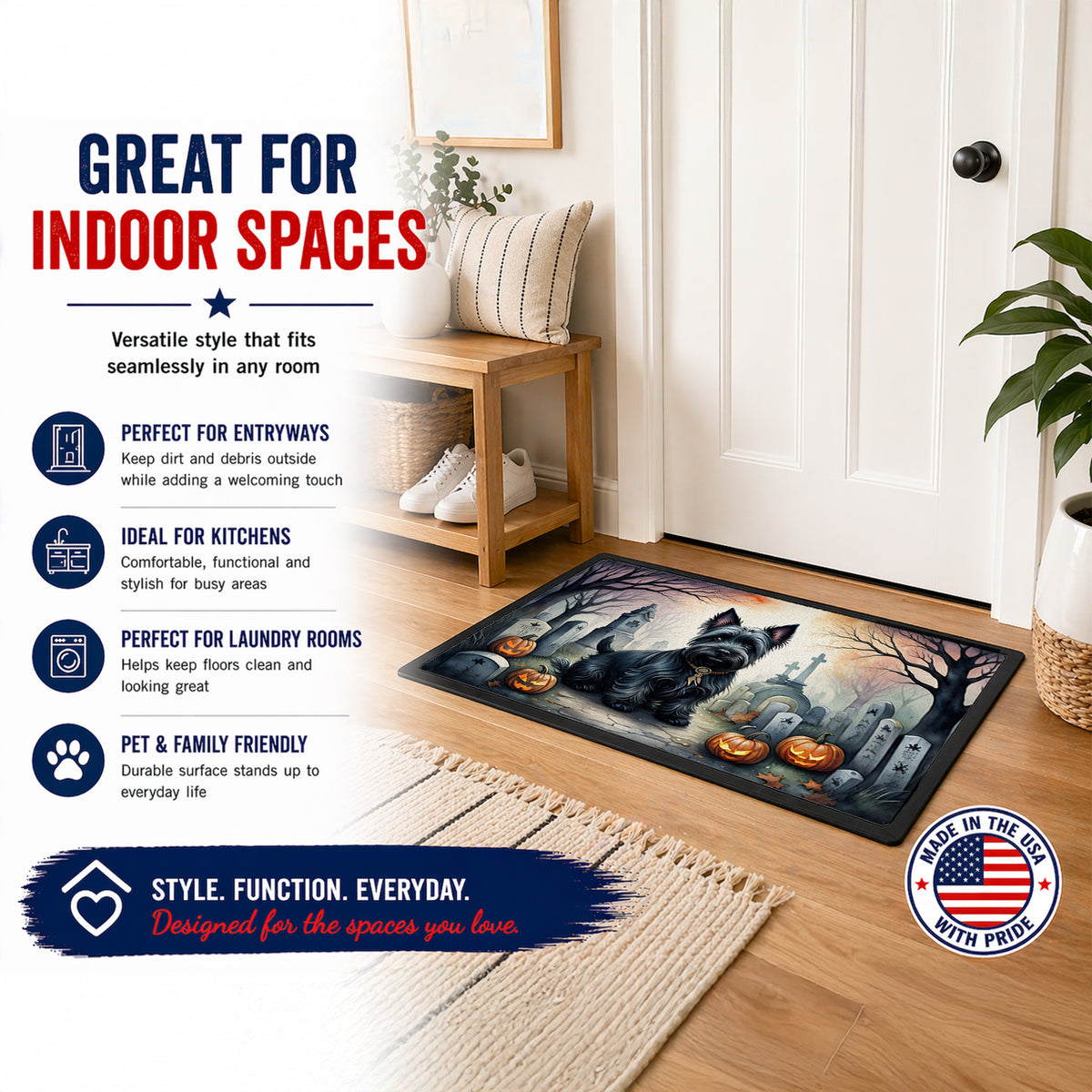 Caroline's Treasures DAC2051MAT Scottish Terrier Spooky Halloween Doormat 18x27 Front Door Mat Indoor Outdoor Rugs for Entryway, Non Slip Washable Low Pile, 18H X 27W