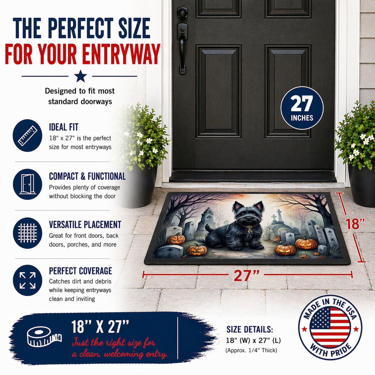 Caroline's Treasures DAC2051MAT Scottish Terrier Spooky Halloween Doormat 18x27 Front Door Mat Indoor Outdoor Rugs for Entryway, Non Slip Washable Low Pile, 18H X 27W