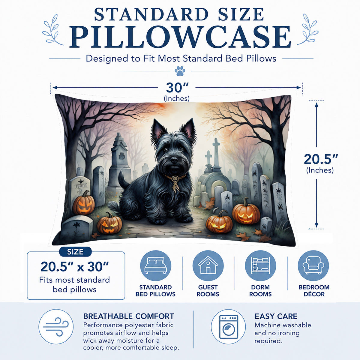 Caroline's Treasures DAC2051PILLOWCASE Scottish Terrier Spooky Halloween Fabric Standard Pillowcase Lightweight Super Soft Easy Care Decorative Artwork Pillowcase, Standard