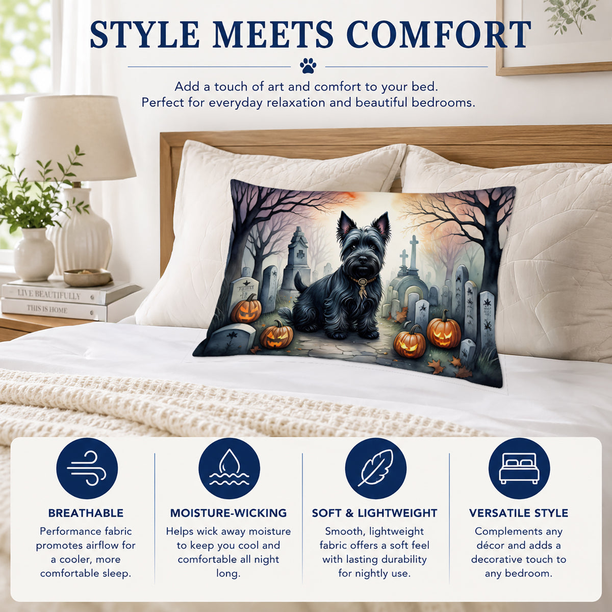 Caroline's Treasures DAC2051PILLOWCASE Scottish Terrier Spooky Halloween Fabric Standard Pillowcase Lightweight Super Soft Easy Care Decorative Artwork Pillowcase, Standard