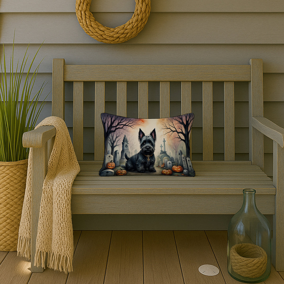 Caroline's Treasures DAC2051PW1216 Scottish Terrier Spooky Halloween Fabric Decorative Pillow Machine Washable, Indoor Outdoor Decorative Pillow for Couch, Bed or Patio, 12HX16W