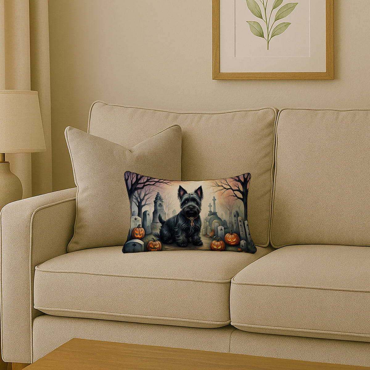 Caroline's Treasures DAC2051PW1216 Scottish Terrier Spooky Halloween Fabric Decorative Pillow Machine Washable, Indoor Outdoor Decorative Pillow for Couch, Bed or Patio, 12HX16W