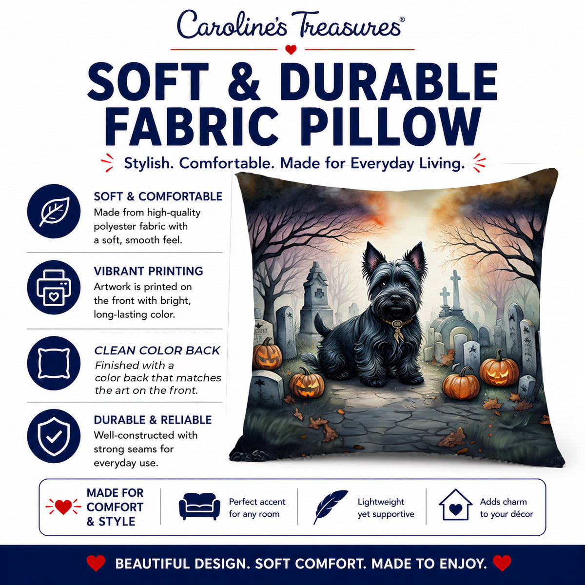 Caroline's Treasures DAC2051PW1414 Scottish Terrier Spooky Halloween Fabric Decorative Pillow Machine Washable, Indoor Outdoor Decorative Pillow for Couch, Bed or Patio, 14Hx14W
