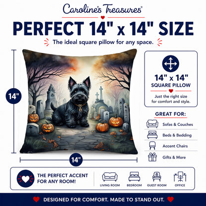 Caroline's Treasures DAC2051PW1414 Scottish Terrier Spooky Halloween Fabric Decorative Pillow Machine Washable, Indoor Outdoor Decorative Pillow for Couch, Bed or Patio, 14Hx14W