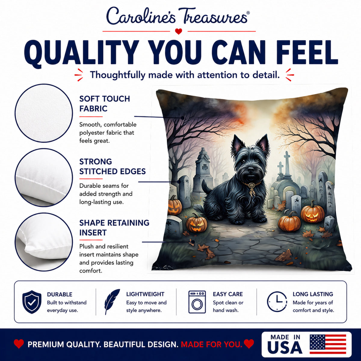 Caroline's Treasures DAC2051PW1414 Scottish Terrier Spooky Halloween Fabric Decorative Pillow Machine Washable, Indoor Outdoor Decorative Pillow for Couch, Bed or Patio, 14Hx14W