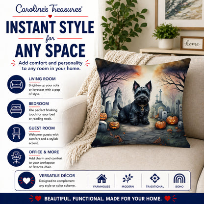 Caroline's Treasures DAC2051PW1414 Scottish Terrier Spooky Halloween Fabric Decorative Pillow Machine Washable, Indoor Outdoor Decorative Pillow for Couch, Bed or Patio, 14Hx14W