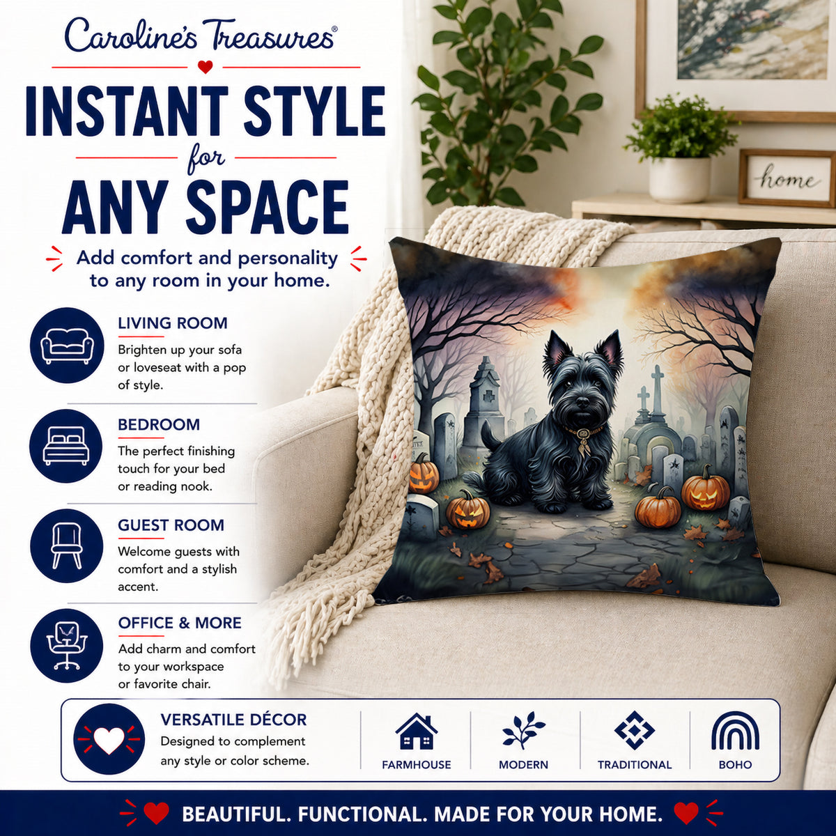 Caroline's Treasures DAC2051PW1818 Scottish Terrier Spooky Halloween Fabric Decorative Pillow Machine Washable, Indoor Outdoor Decorative Pillow for Couch, Bed or Patio, 18Hx18W