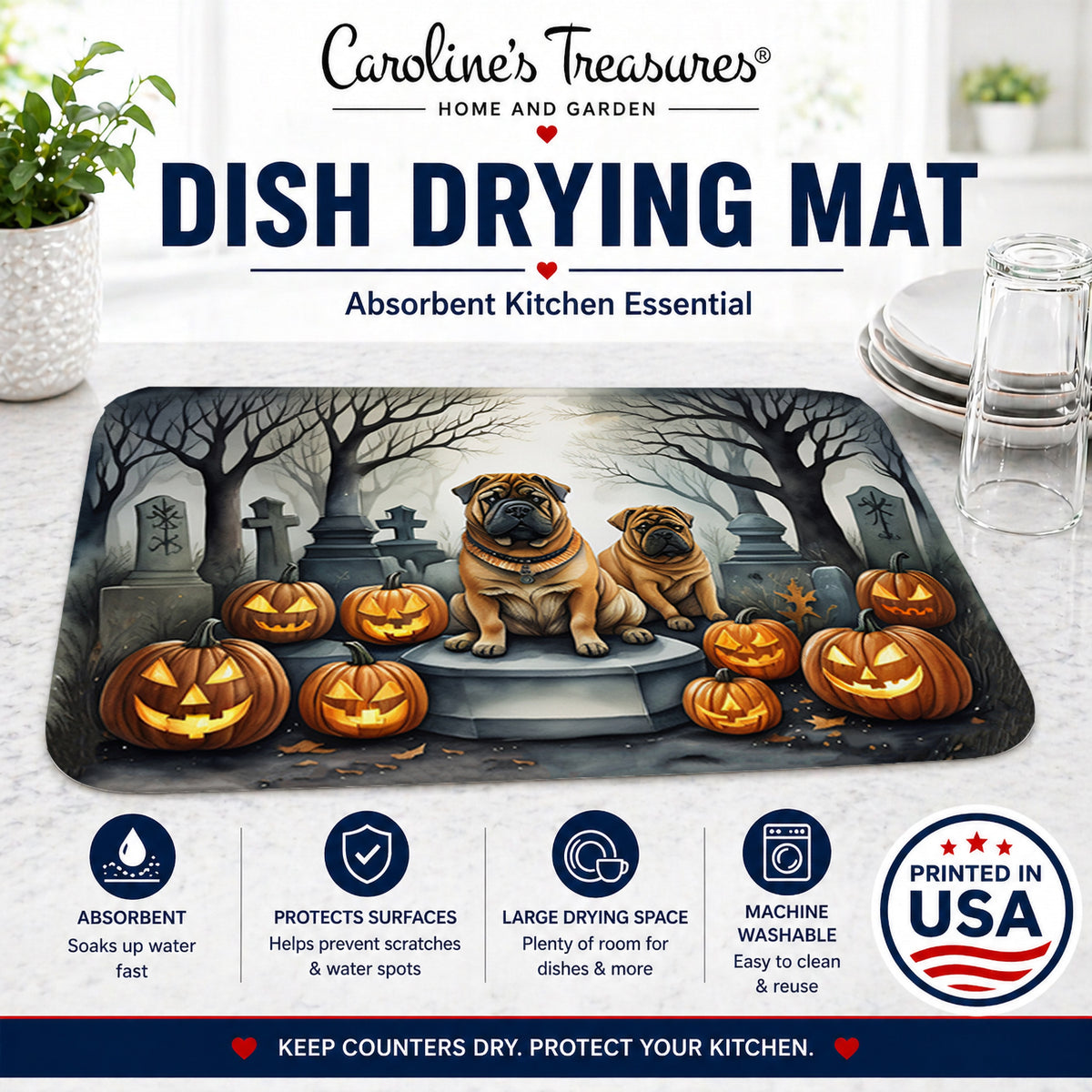 Caroline's Treasures DAC2052DDM Shar Pei Spooky Halloween Dish Drying Mat Absorbent Dish Drying Mat Pad for Kitchen Counter Dish Drainer Mat for Countertop, 14 x 21, Multicolor
