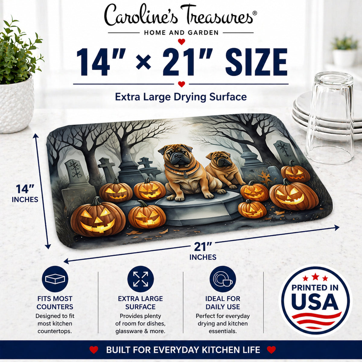Caroline's Treasures DAC2052DDM Shar Pei Spooky Halloween Dish Drying Mat Absorbent Dish Drying Mat Pad for Kitchen Counter Dish Drainer Mat for Countertop, 14 x 21, Multicolor