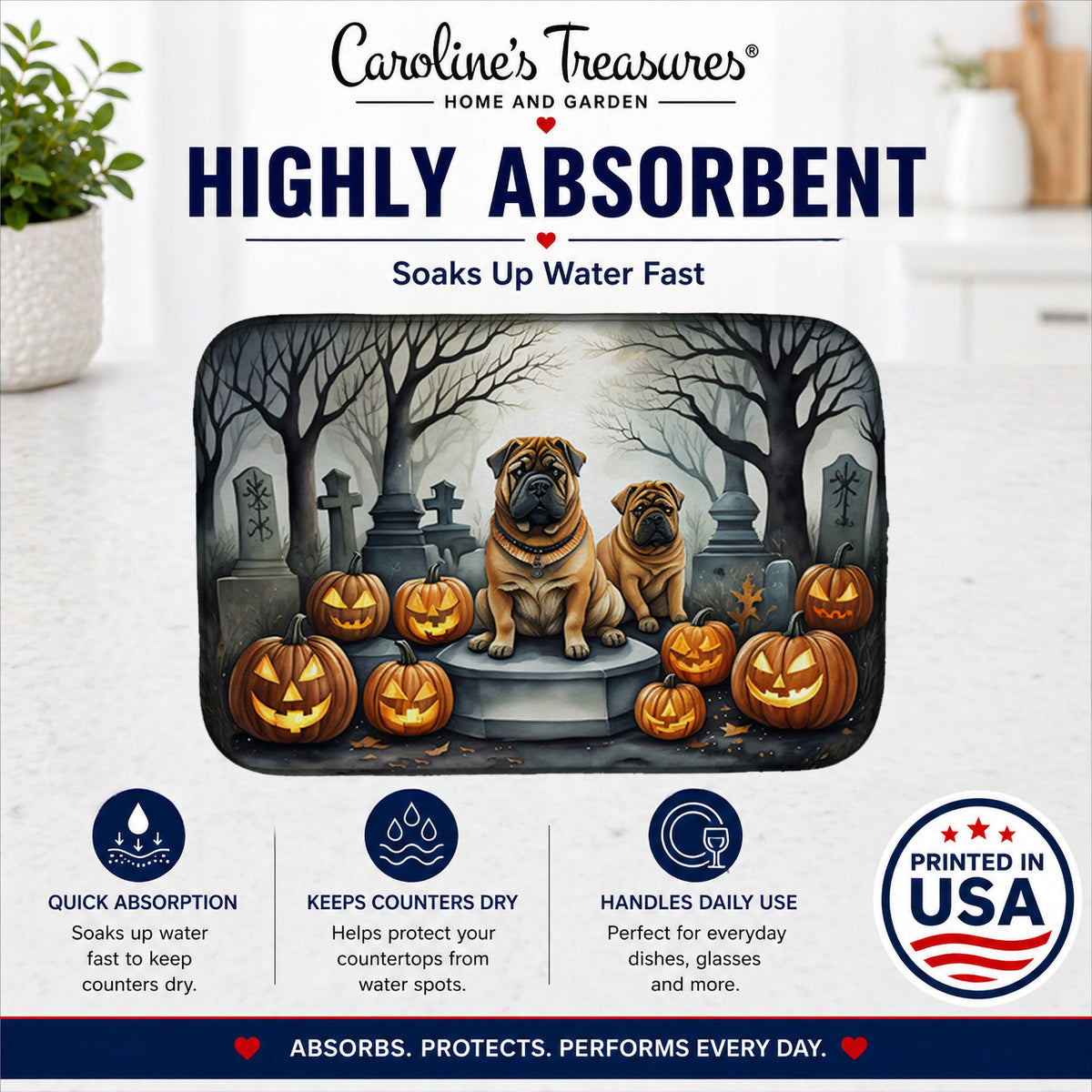 Caroline's Treasures DAC2052DDM Shar Pei Spooky Halloween Dish Drying Mat Absorbent Dish Drying Mat Pad for Kitchen Counter Dish Drainer Mat for Countertop, 14 x 21, Multicolor