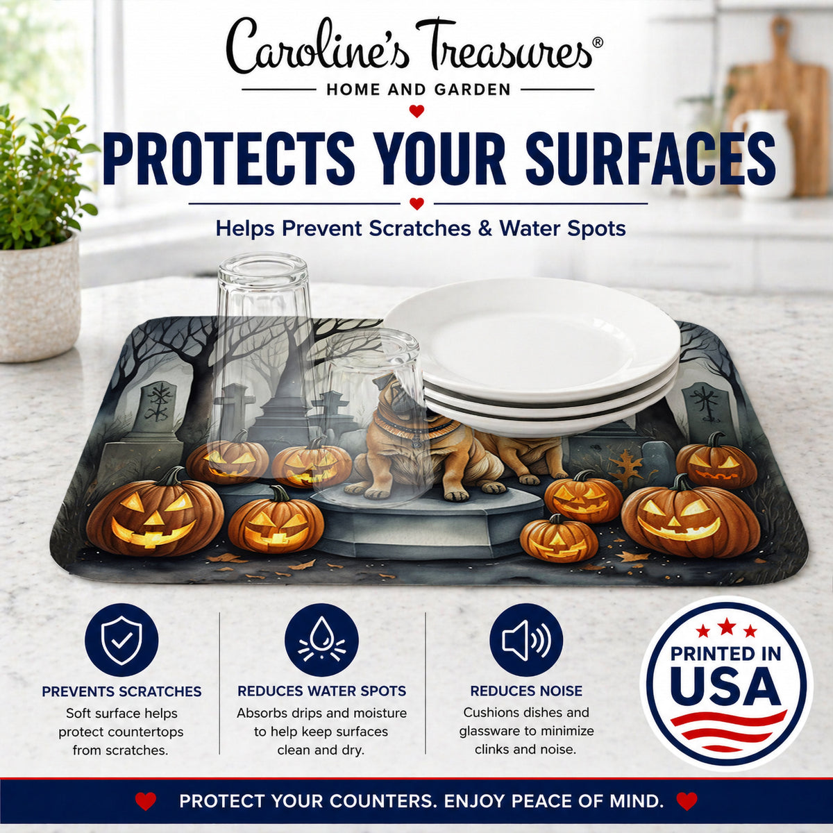 Caroline's Treasures DAC2052DDM Shar Pei Spooky Halloween Dish Drying Mat Absorbent Dish Drying Mat Pad for Kitchen Counter Dish Drainer Mat for Countertop, 14 x 21, Multicolor
