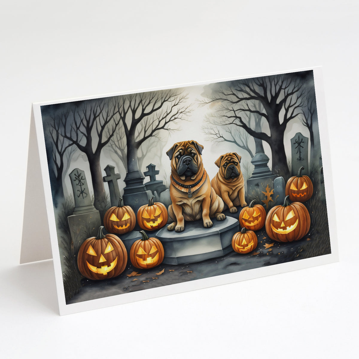 Caroline's Treasures DAC2052GCA7P Shar Pei Spooky Halloween Greeting Cards and Envelopes Pack of 8 Blank Cards with Envelopes Whimsical A7 Size 5x7 Blank Greeting Cards