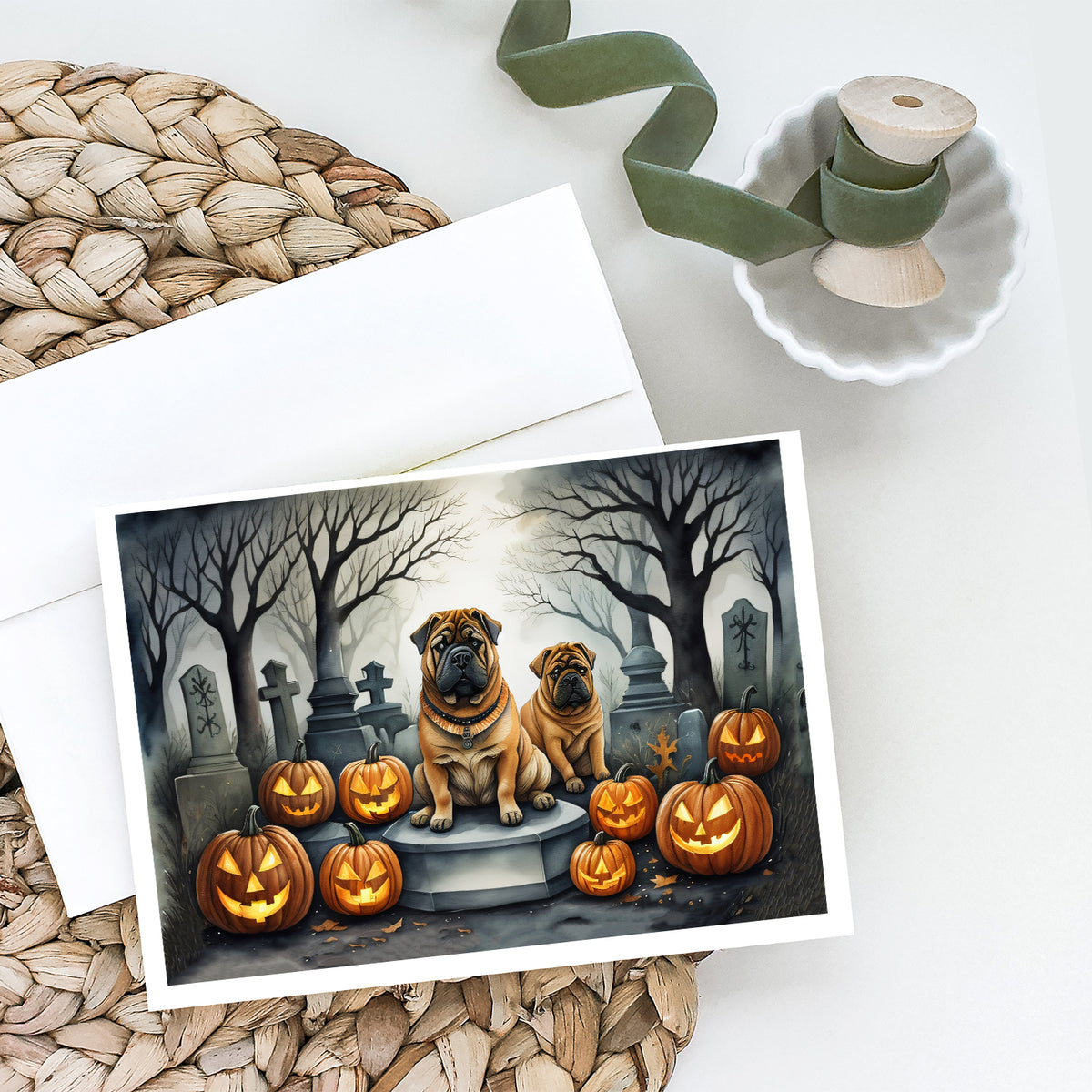 Caroline's Treasures DAC2052GCA7P Shar Pei Spooky Halloween Greeting Cards and Envelopes Pack of 8 Blank Cards with Envelopes Whimsical A7 Size 5x7 Blank Greeting Cards