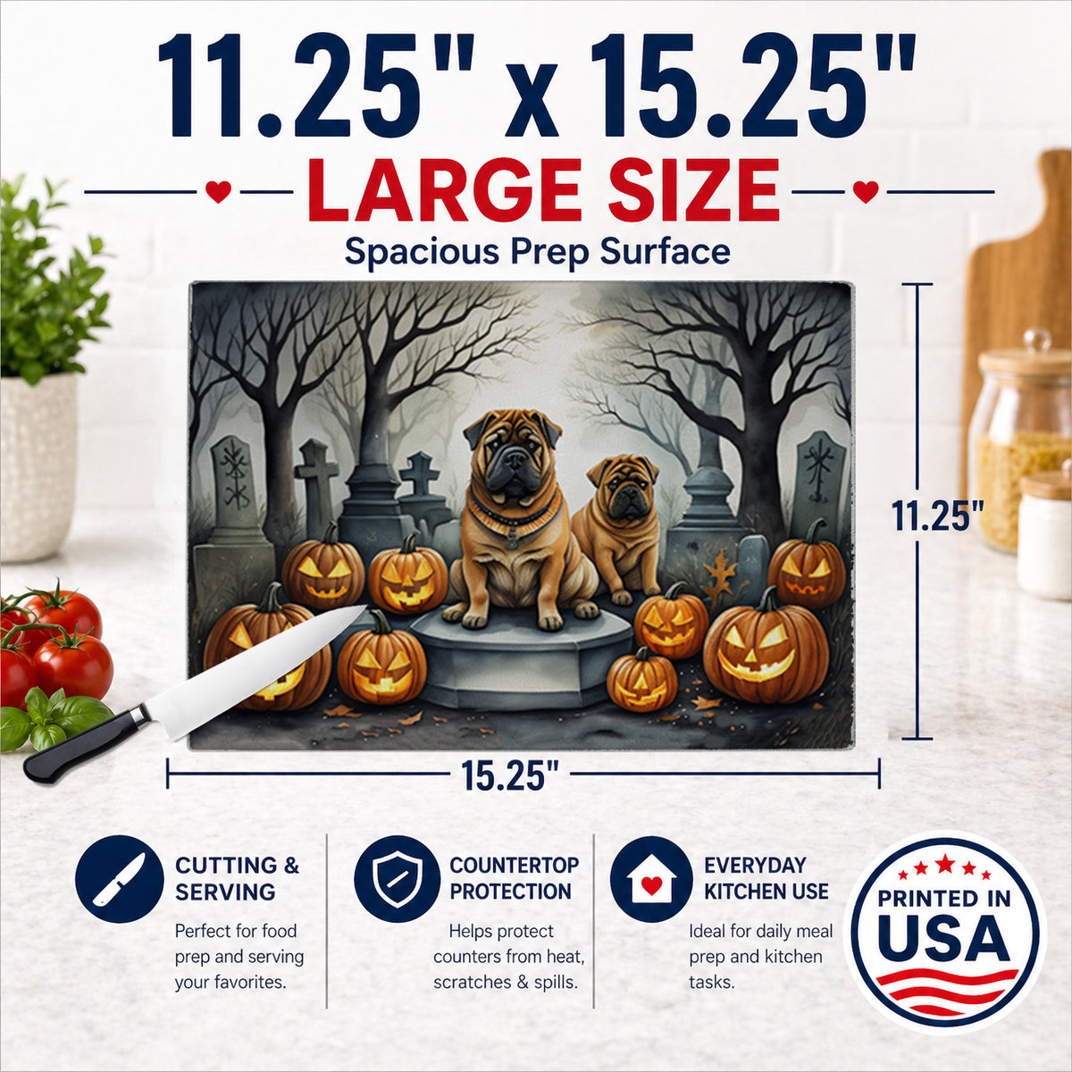 Caroline's Treasures DAC2052LCB Shar Pei Spooky Halloween Glass Cutting Board Large Decorative Tempered Glass Kitchen Cutting and Serving Board Large Size Chopping Board