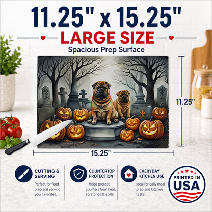 Caroline's Treasures DAC2052LCB Shar Pei Spooky Halloween Glass Cutting Board Large Decorative Tempered Glass Kitchen Cutting and Serving Board Large Size Chopping Board