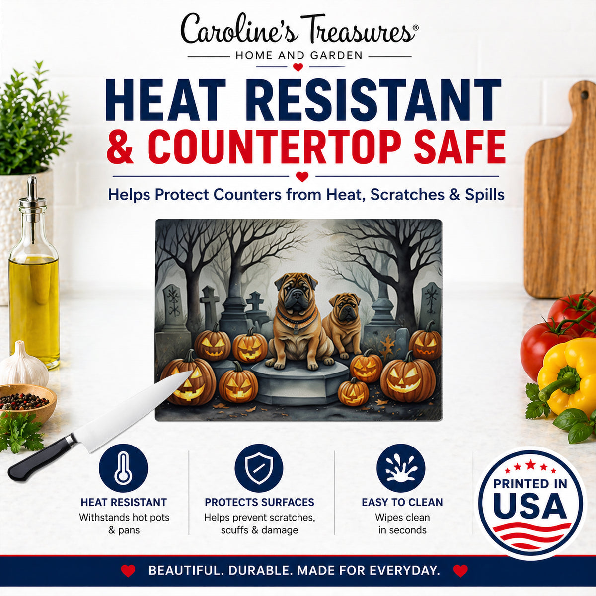 Caroline's Treasures DAC2052LCB Shar Pei Spooky Halloween Glass Cutting Board Large Decorative Tempered Glass Kitchen Cutting and Serving Board Large Size Chopping Board