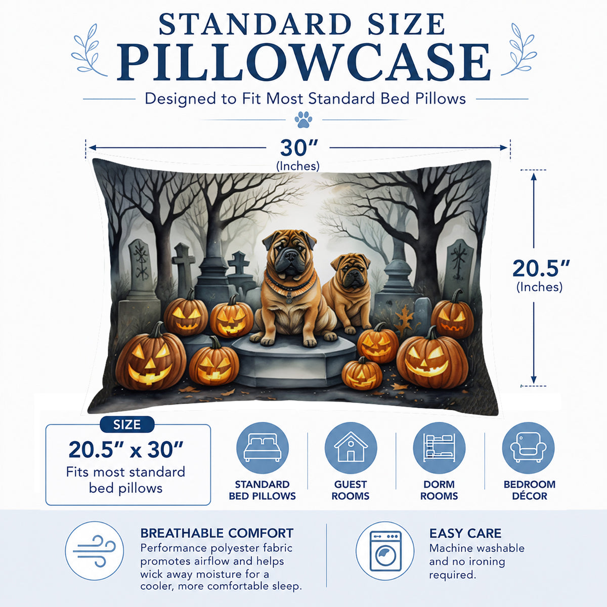 Caroline's Treasures DAC2052PILLOWCASE Shar Pei Spooky Halloween Fabric Standard Pillowcase Lightweight Super Soft Easy Care Decorative Artwork Pillowcase, Standard