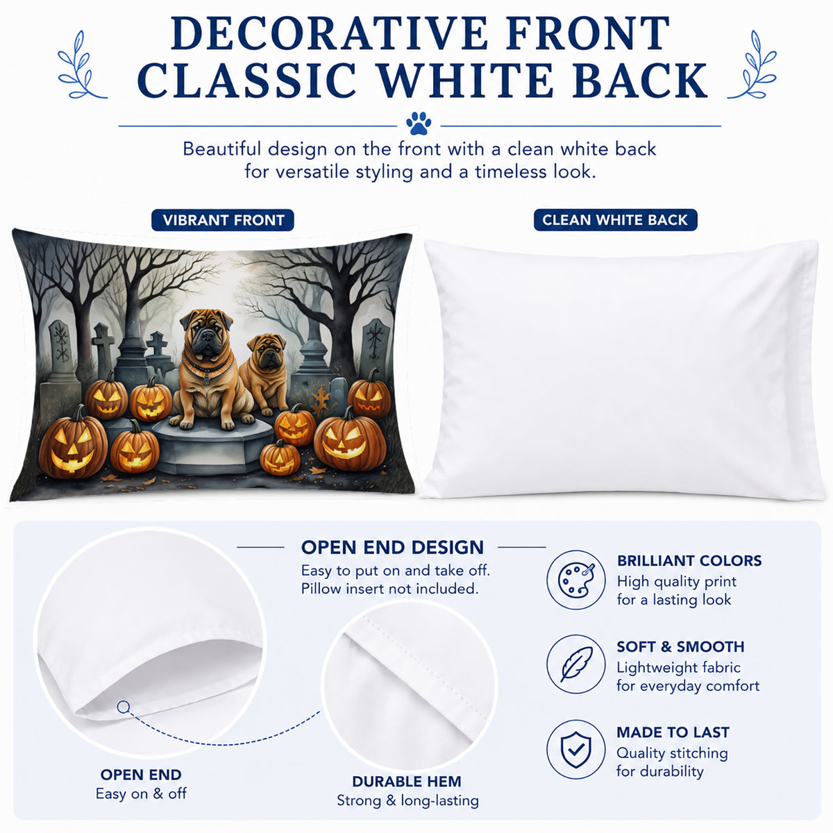 Caroline's Treasures DAC2052PILLOWCASE Shar Pei Spooky Halloween Fabric Standard Pillowcase Lightweight Super Soft Easy Care Decorative Artwork Pillowcase, Standard