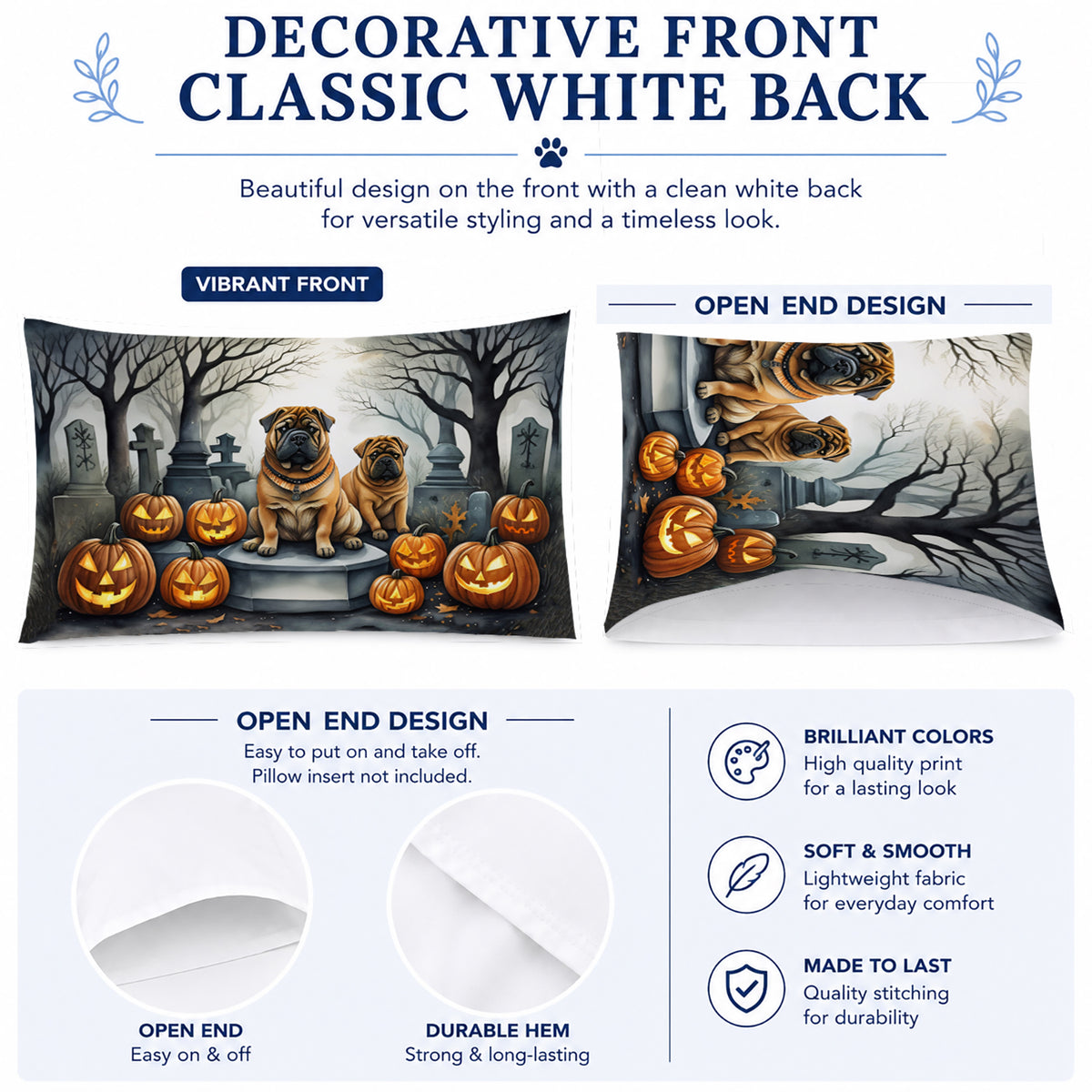 Caroline's Treasures DAC2052PILLOWCASE Shar Pei Spooky Halloween Fabric Standard Pillowcase Lightweight Super Soft Easy Care Decorative Artwork Pillowcase, Standard