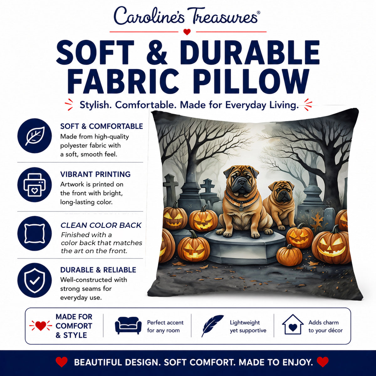 Caroline's Treasures DAC2052PW1818 Shar Pei Spooky Halloween Fabric Decorative Pillow Machine Washable, Indoor Outdoor Decorative Pillow for Couch, Bed or Patio, 18Hx18W