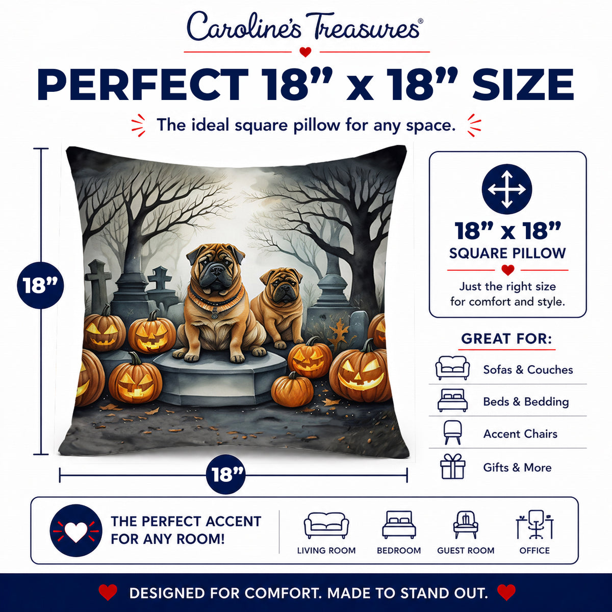 Caroline's Treasures DAC2052PW1818 Shar Pei Spooky Halloween Fabric Decorative Pillow Machine Washable, Indoor Outdoor Decorative Pillow for Couch, Bed or Patio, 18Hx18W