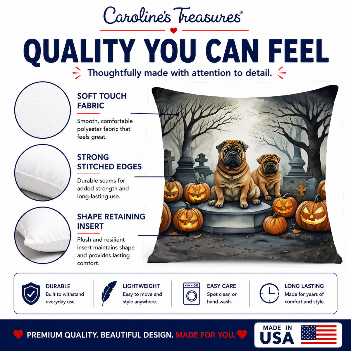 Caroline's Treasures DAC2052PW1818 Shar Pei Spooky Halloween Fabric Decorative Pillow Machine Washable, Indoor Outdoor Decorative Pillow for Couch, Bed or Patio, 18Hx18W
