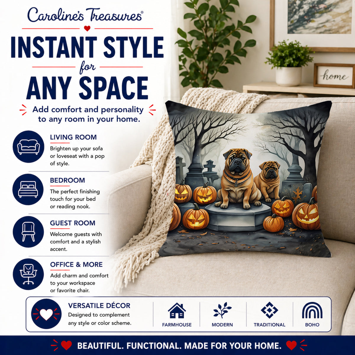 Caroline's Treasures DAC2052PW1818 Shar Pei Spooky Halloween Fabric Decorative Pillow Machine Washable, Indoor Outdoor Decorative Pillow for Couch, Bed or Patio, 18Hx18W