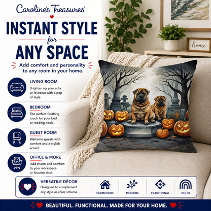 Caroline's Treasures DAC2052PW1818 Shar Pei Spooky Halloween Fabric Decorative Pillow Machine Washable, Indoor Outdoor Decorative Pillow for Couch, Bed or Patio, 18Hx18W