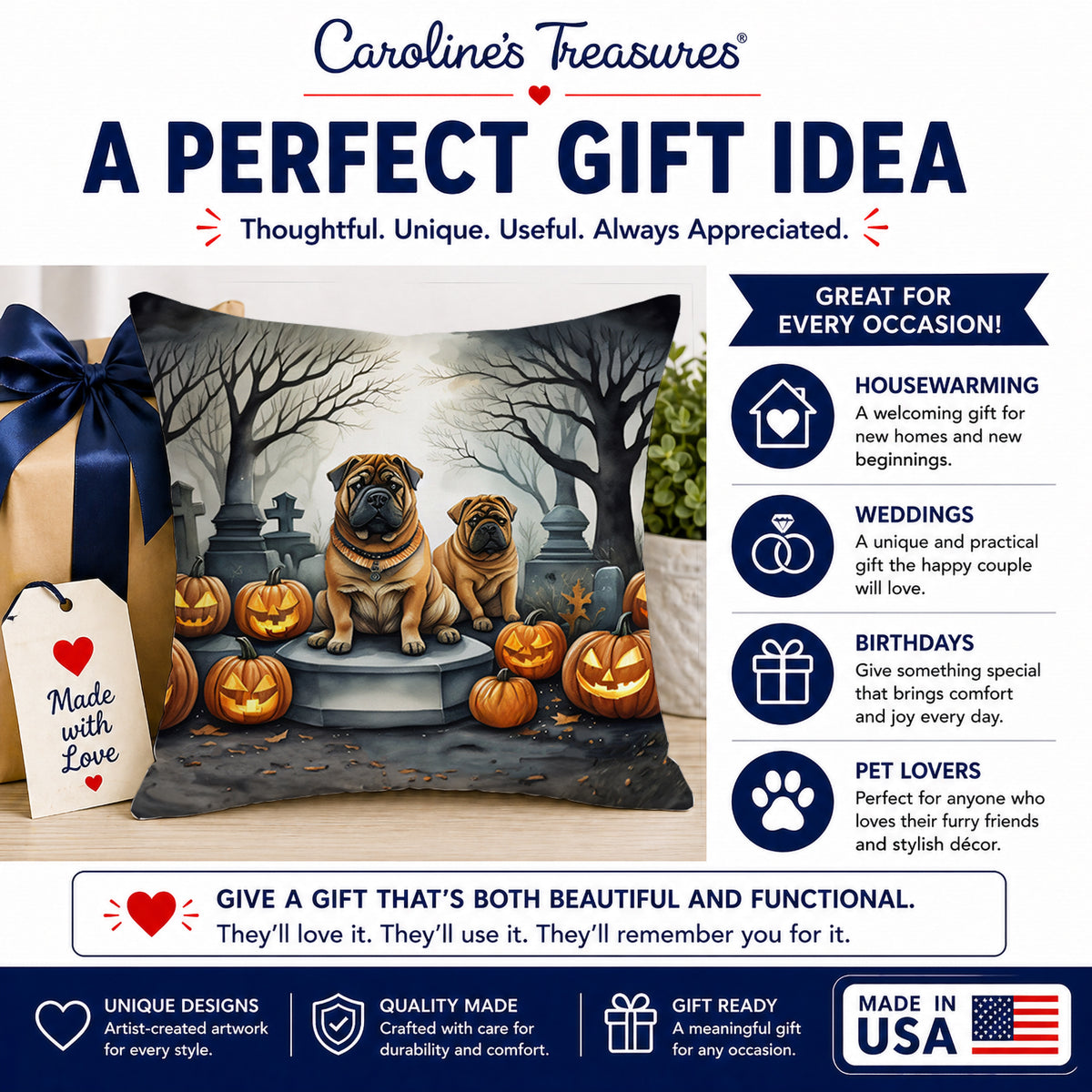 Caroline's Treasures DAC2052PW1818 Shar Pei Spooky Halloween Fabric Decorative Pillow Machine Washable, Indoor Outdoor Decorative Pillow for Couch, Bed or Patio, 18Hx18W