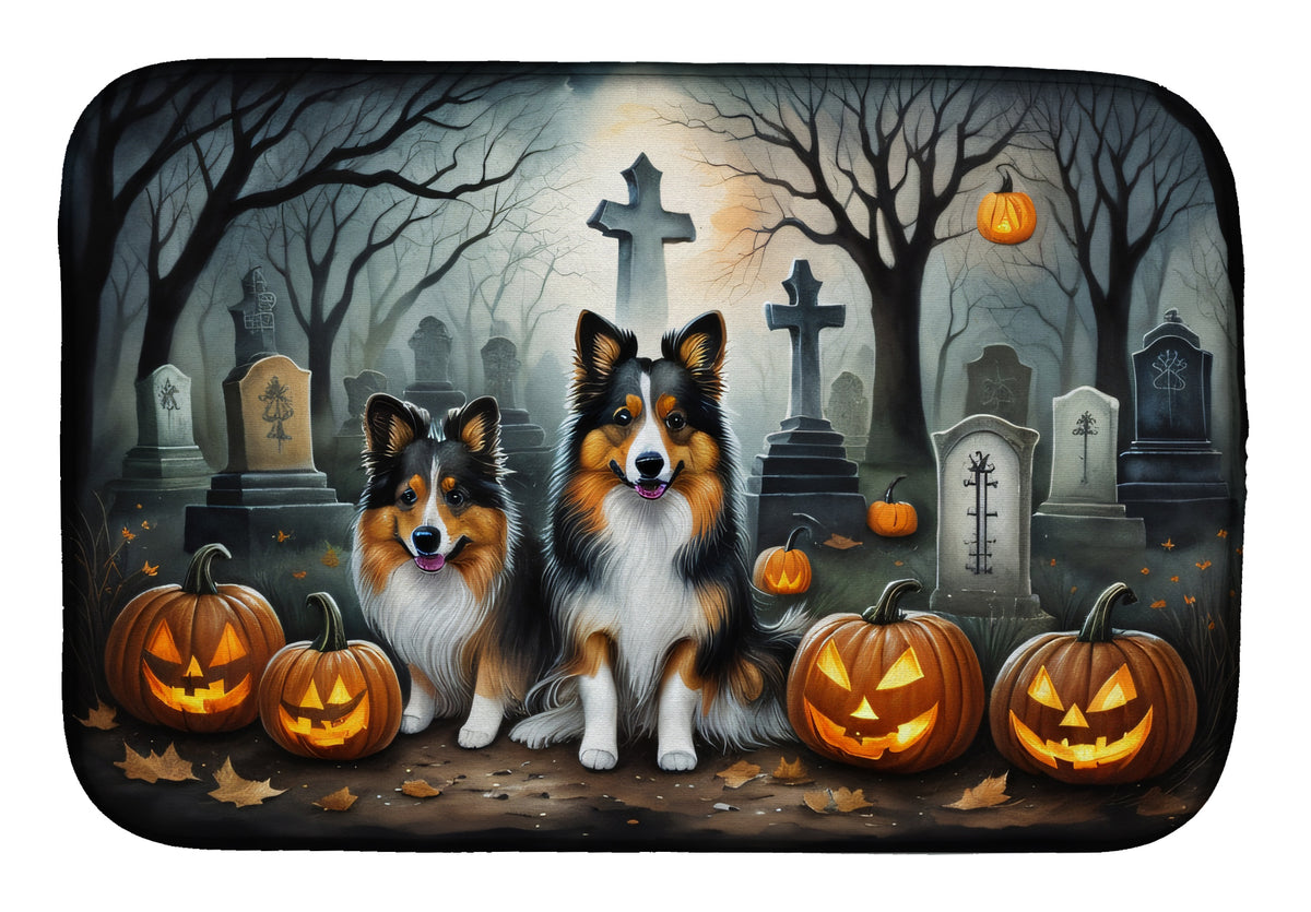Caroline's Treasures DAC2053DDM Sheltie Spooky Halloween Dish Drying Mat Absorbent Dish Drying Mat Pad for Kitchen Counter Dish Drainer Mat for Countertop, 14 x 21, Multicolor