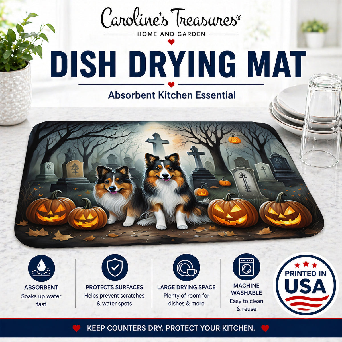 Caroline's Treasures DAC2053DDM Sheltie Spooky Halloween Dish Drying Mat Absorbent Dish Drying Mat Pad for Kitchen Counter Dish Drainer Mat for Countertop, 14 x 21, Multicolor