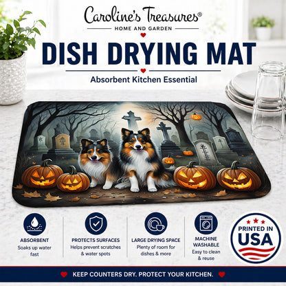 Caroline's Treasures DAC2053DDM Sheltie Spooky Halloween Dish Drying Mat Absorbent Dish Drying Mat Pad for Kitchen Counter Dish Drainer Mat for Countertop, 14 x 21, Multicolor