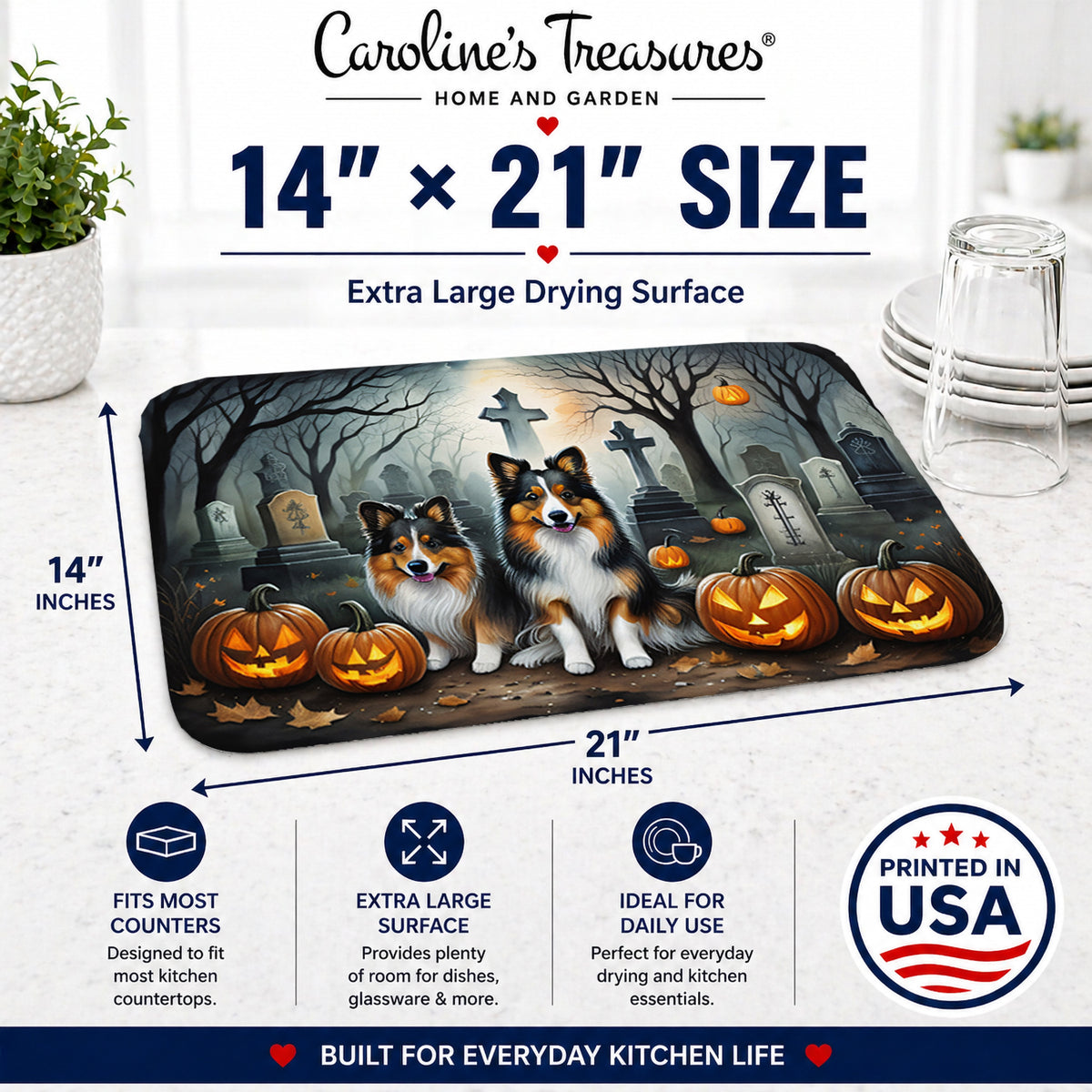 Caroline's Treasures DAC2053DDM Sheltie Spooky Halloween Dish Drying Mat Absorbent Dish Drying Mat Pad for Kitchen Counter Dish Drainer Mat for Countertop, 14 x 21, Multicolor